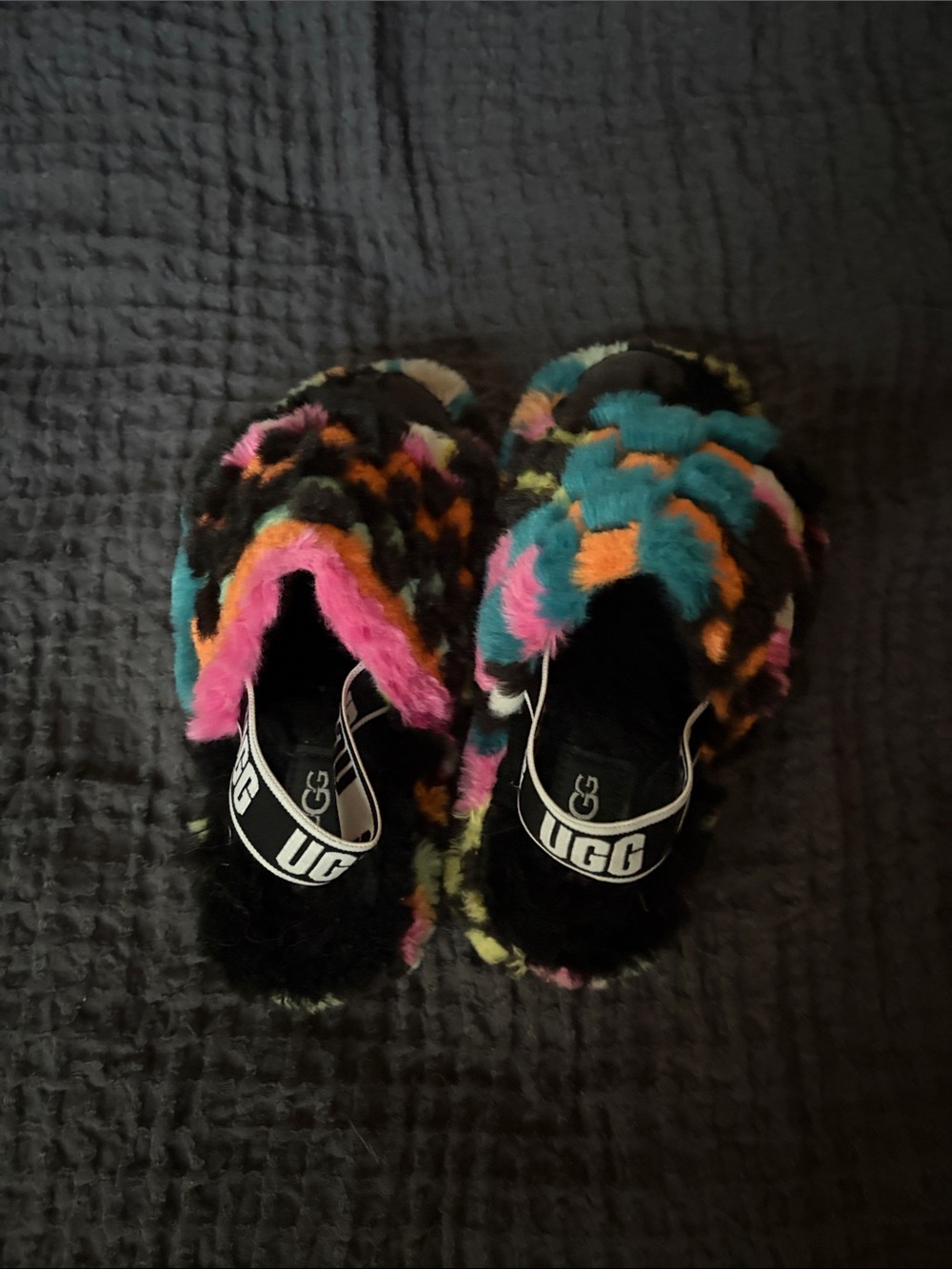 UGG Kids Multicolor Fuzzy Slide Sandals - Black, Pink, Teal, Orange